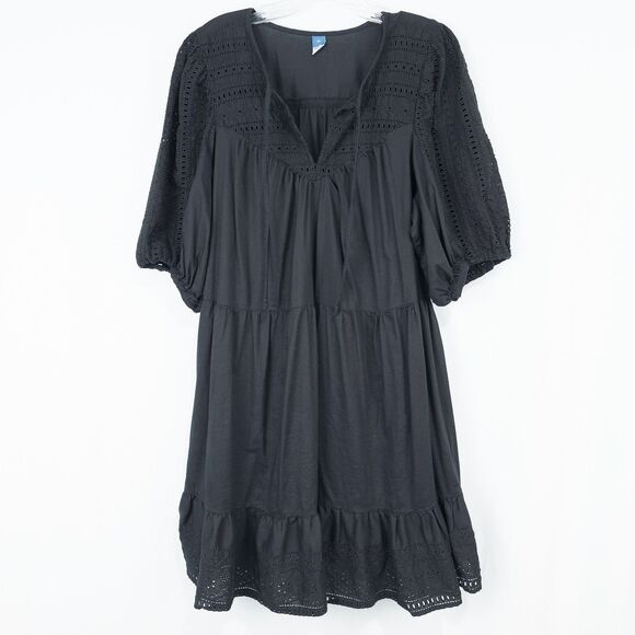 Old Navy Puff Sleeve Tiered Embroidered Mini Swing Dress Womens XL Black Cottage - Picture 1 of 16